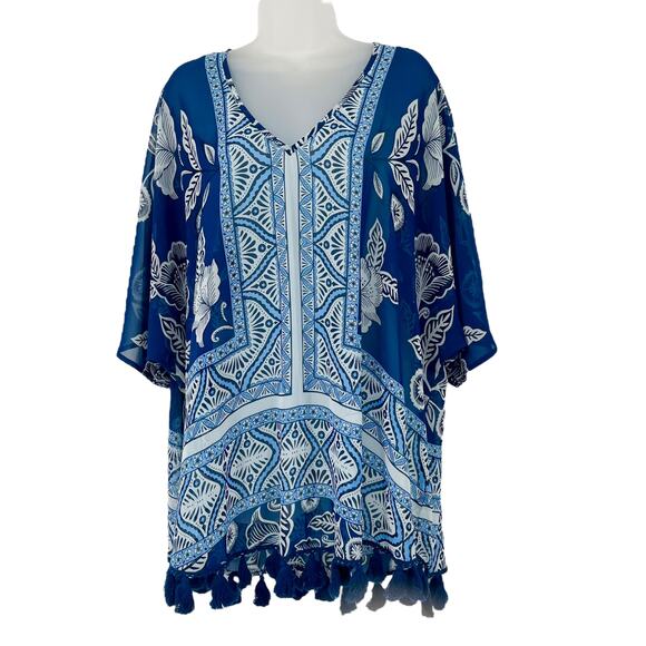 SHOW ME YOUR MUMU Shook Tassel Tunic Blue Short Sleeve Floral Sheer Size Small - Picture 6 of 6